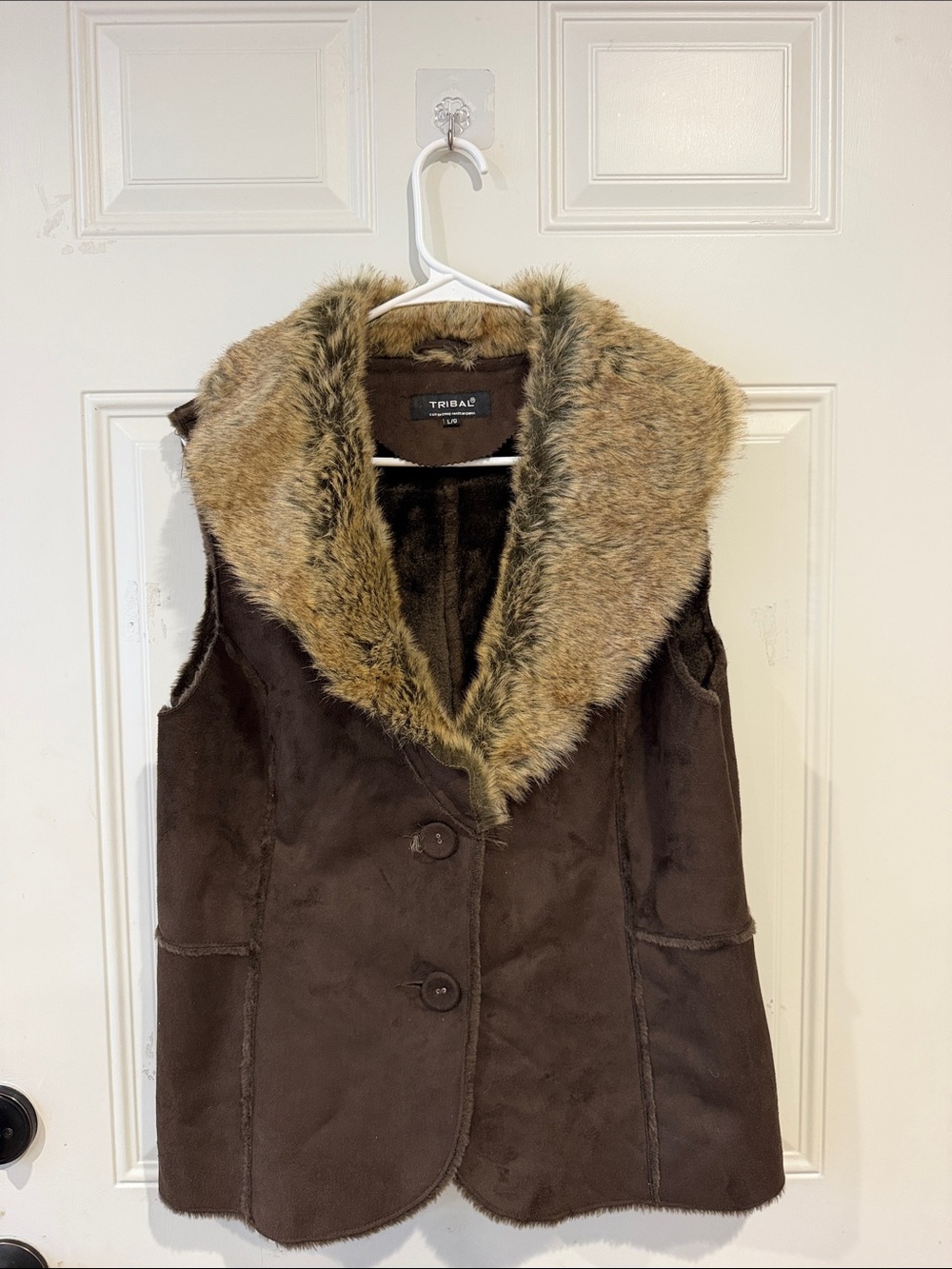 Tribal Brown Faux-Suede Vest with Faux-Fur Shawl Collar